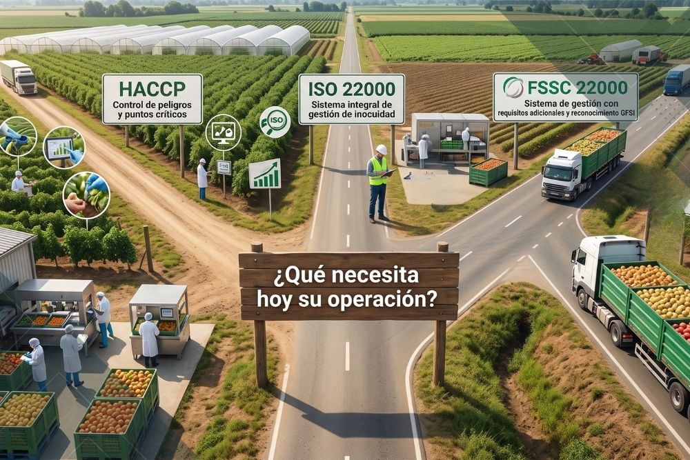HACCP, ISO 22000 y FSSC 22000 según las necesidades de inocuidad alimentaria de una empresa: control de peligros, sistema integral de gestión y requisitos de mercados o clientes.