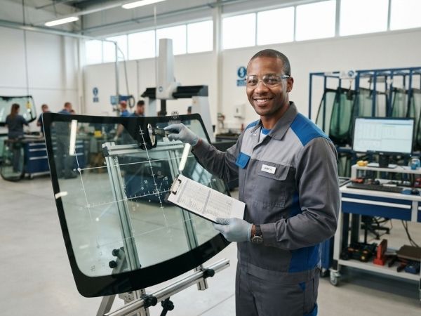 Especialista verificando instalación de vidrios de seguridad para certificación de acristalamientos para vehículos | Bureau Veritas Certification Colombia