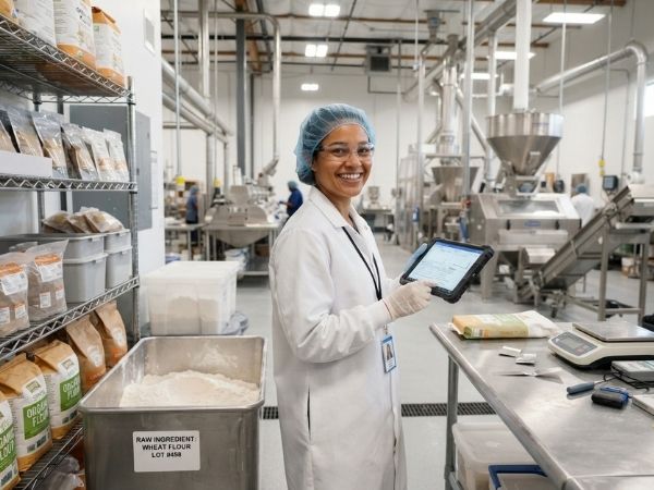 Ingeniera en alimentos inspeccionando calidad de harinas y almidones en planta de producción | Bureau Veritas Certification Colombia