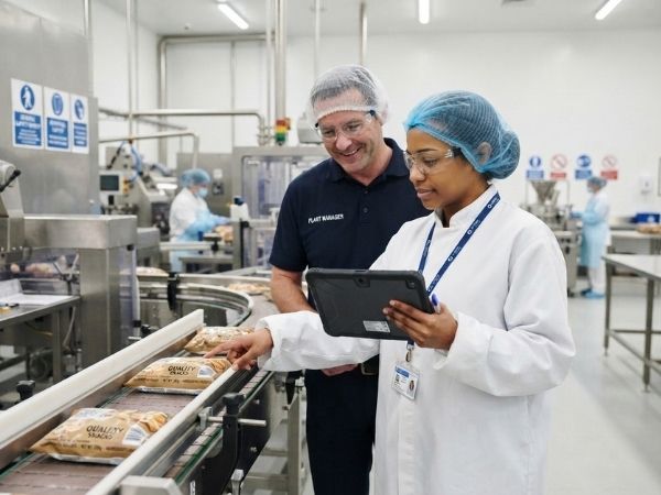 Auditora de inocuidad evaluando empaque de alimentos para certificación FSSC 22000 | Bureau Veritas Certification Colombia