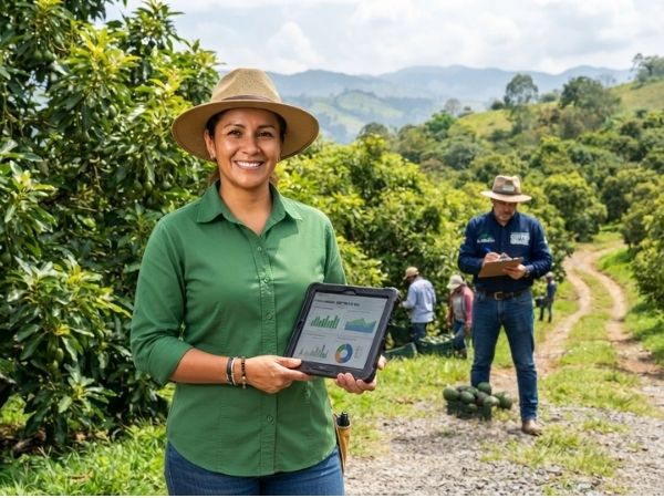 Propietaria de finca agrícola sonriendo en su cultivo verificado para certificación Global GAP | Bureau Veritas Certification Colombia