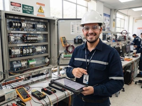Ingeniero inspeccionando tablero eléctrico para certificación RETIE | Bureau Veritas Certification Colombia