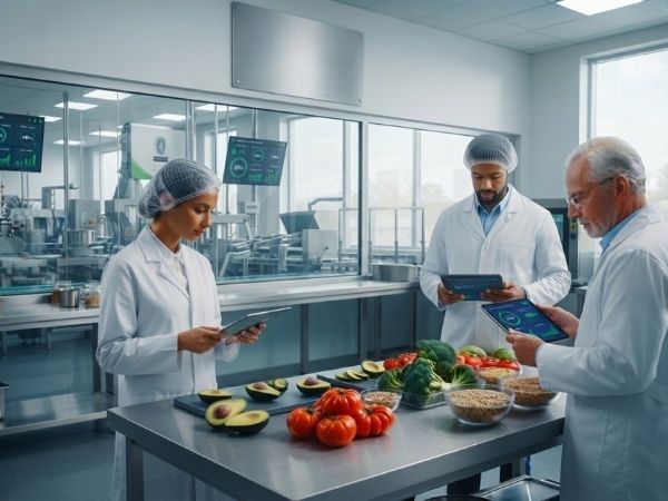 Auditor de Bureau Veritas verificando los controles operativos y el registro de mermas en una planta de procesamiento de alimentos bajo el estándar FWMS